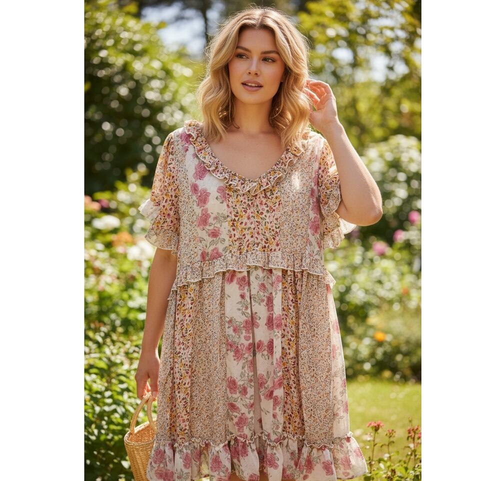 Romantic Boho Cottagecore Blouse Dress Fairycore Indie Flutter Sleeve sz L GiGiO